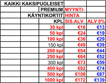 KAIKKI KAKSIPUOLEISET PREMIUM MYYNTI- KÄYNTIKORTIT HINTA KPL SIS.ALV. ALV 0% 30 kpl €16 €13 50 kpl €24 €19 100 kpl €36 €29 150 kpl €49 €39 200 kpl €54 €44 250 kpl €64 €52 300 kpl €73 €59 400 kpl €92 €74 500 kpl €108 €87 1000 kpl €172 €139